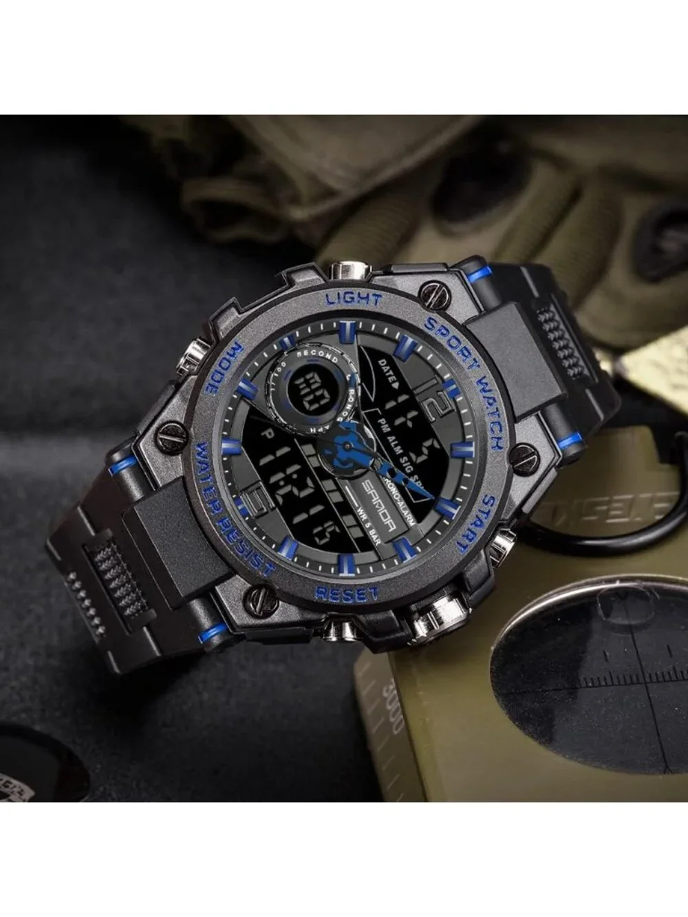 Men's Blue And Black Analog Quartz Sports Waterproof Military LED Digital Watch
